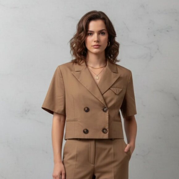 NWT J.ING Jing Double Breasted Short Sleeve Crop Blazer Jacket with Collar - Picture 1 of 5